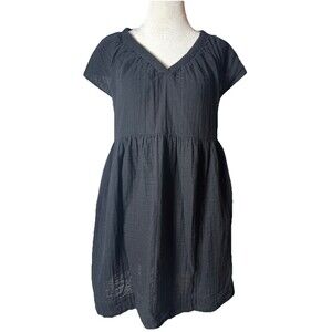 Old Navy Dress Womens Small Black Crinkled Cotton Babydoll Short Sleeve V Neck